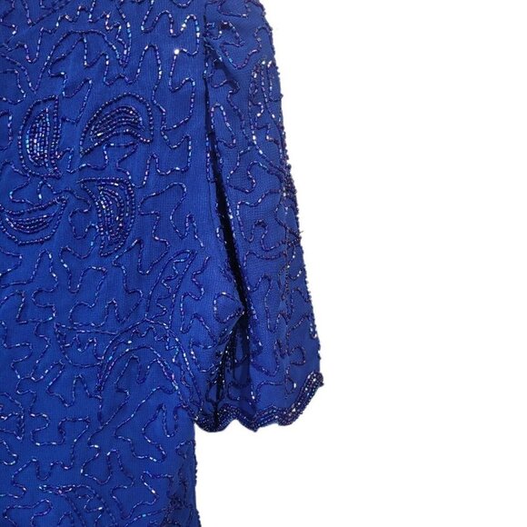 Vintage Brilliante By JA Women’s Blue Dress Sz P/S Beaded Scalloped Hem Lined - Picture 4 of 10